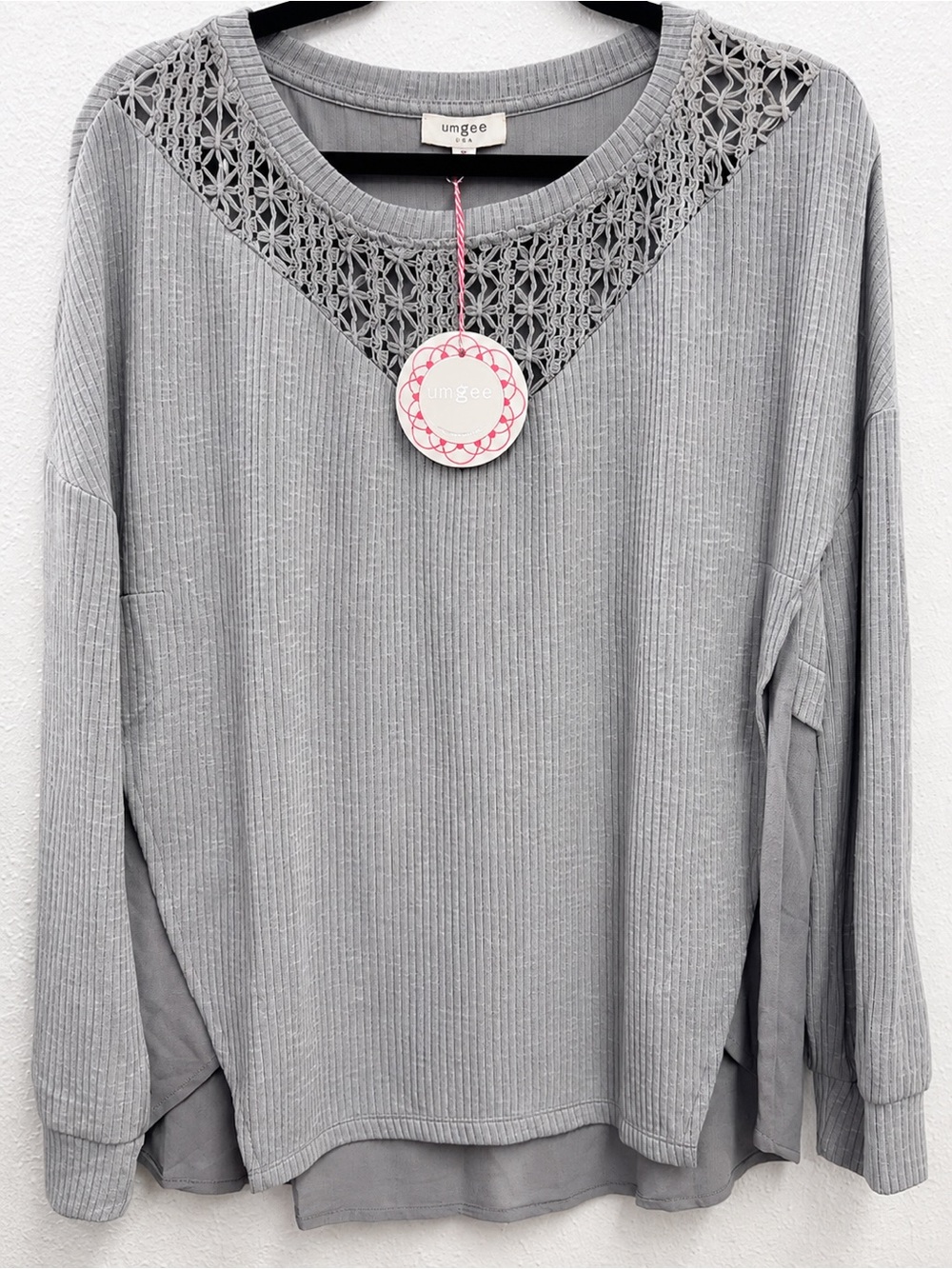 Umgee Light Grey Ribbed Crochet Yoke Pullover